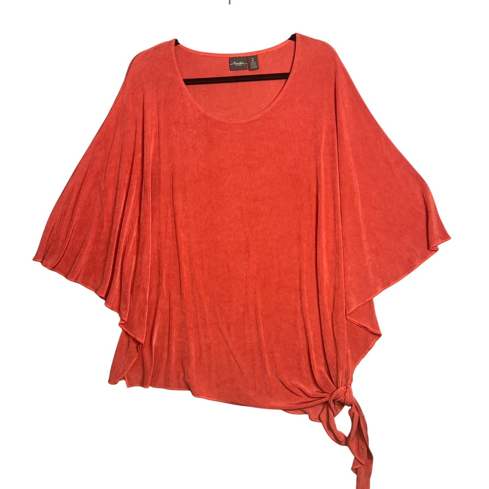Chico's Travelers Ribbed Side Tie Top Size 2 US M Coral Orange Dolman‎ Sleeve